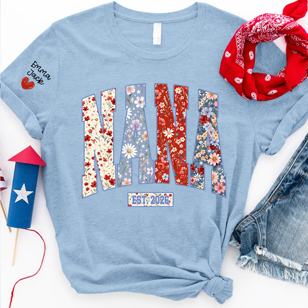 Personalized Nana 4th July Independence Day American, Floral American FlagT-Shirt, Patriotic Gift For Grandma And Kids