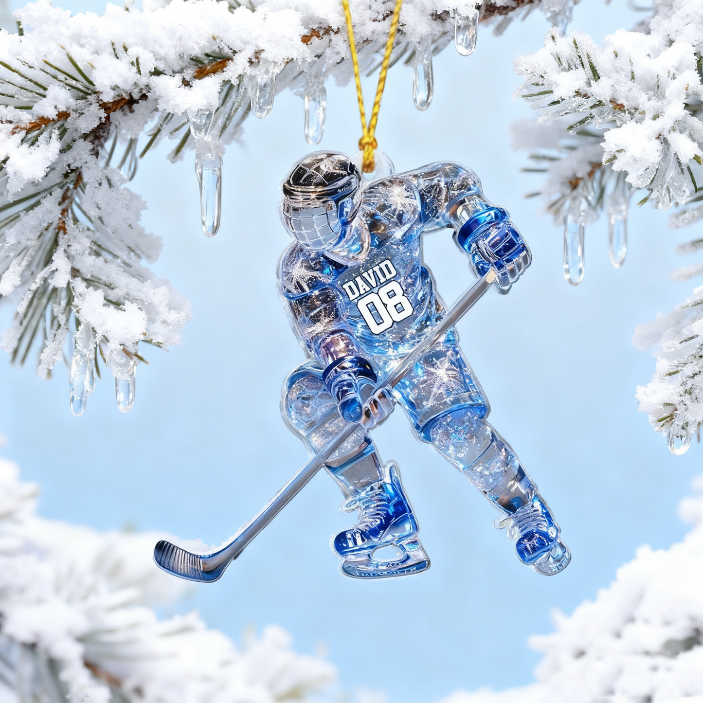 Sparkling Ice Hockey Player Acrylic Ornament – Personalized Hockey Decoration, Unique Custom Christmas Gift for Hockey Lovers Ornament