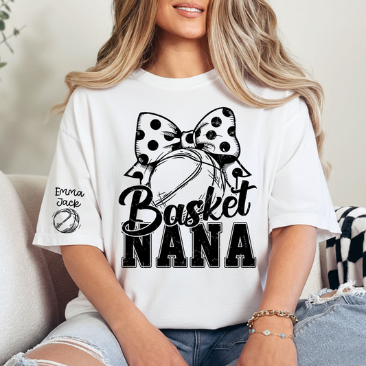 Black And White T-shirt With Basketball Print, Mimi Style, Can Be Printed With Grandchildren's Names, Suitable As A Gift For Grandma