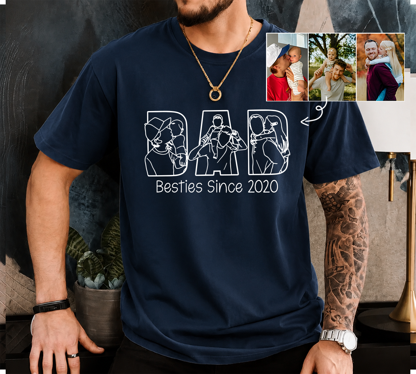 Personalized Photo Dad T-Shirt – Custom Line Art Family Design Gift for Daddy Papa Dad