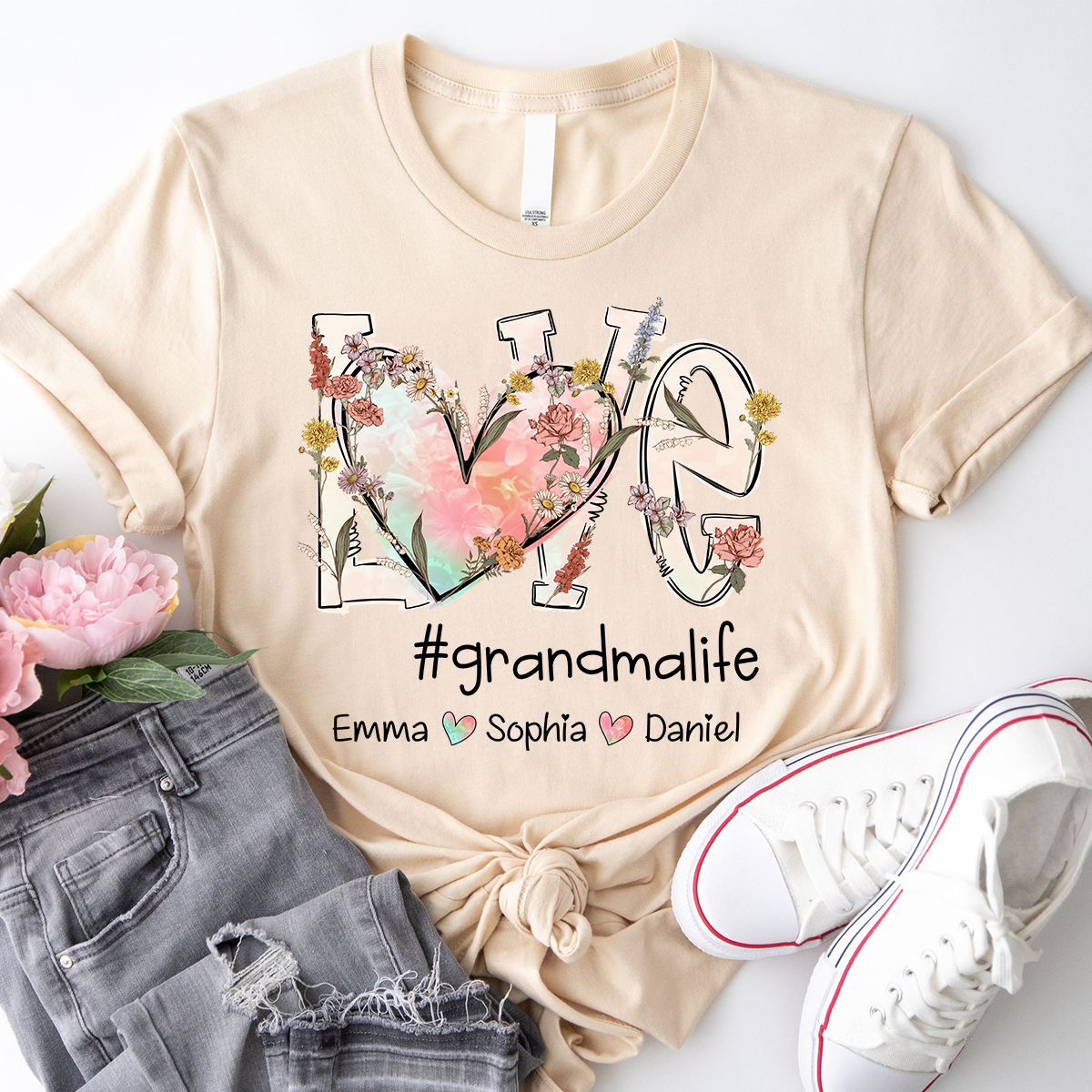 Custom Love Grandma Life Flower Mother's Day T-Shirt