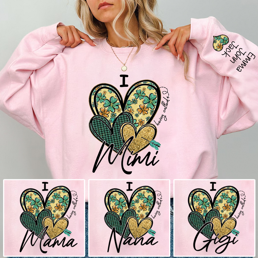 I Love to Be Called Mimi Heart Design Sweatshirt For St. Patrick's Day, Personalized Clover Design Sweatshirt for Grandma with Grandchildren's Names