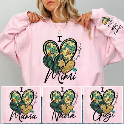 I Love to Be Called Mimi Heart Design Sweatshirt For St. Patrick's Day, Personalized Clover Design Sweatshirt for Grandma with Grandchildren's Names