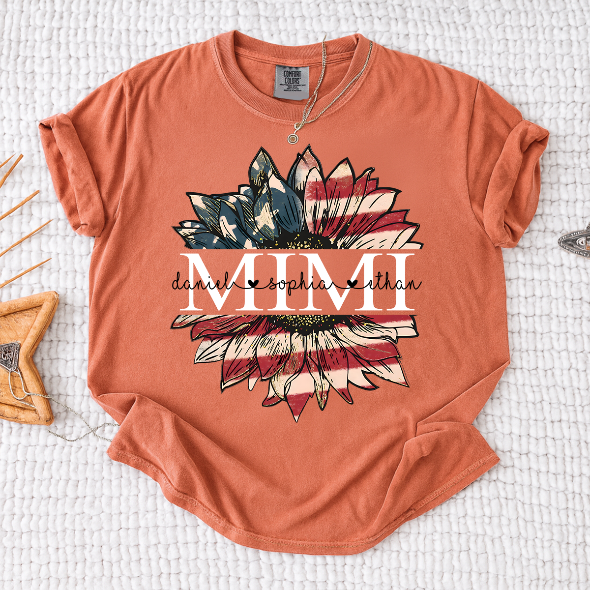 Comfort Colors Personalized Mimi Shirt Sunflower American Flag Design, Custom Kids Names Grandma T Shirt