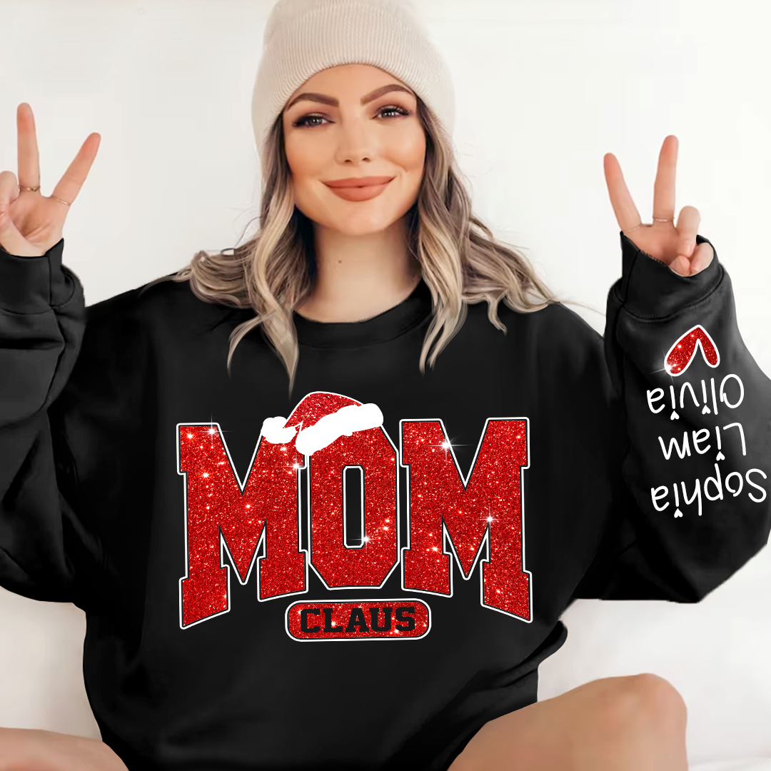 Glitter Merry Christmas Mom Sweatshirt With Kid Names On Sleeve, Mothers Day Gift LTP01