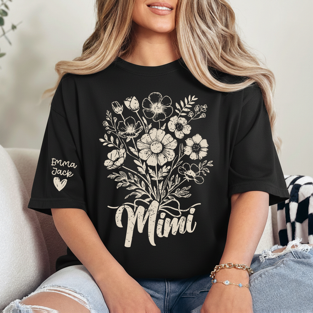 Personalized Mimi Shirt with Vintage Flower Graphic, Custom Names Family Gift
