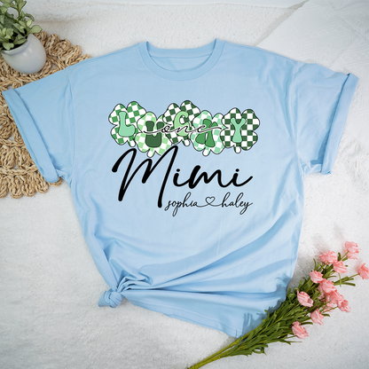 Custom Mimi Shirt with Grandchildren Names, Lucky Clover St Patrick’s Day Grandma Tee, Personalized Irish Style Family Shirt