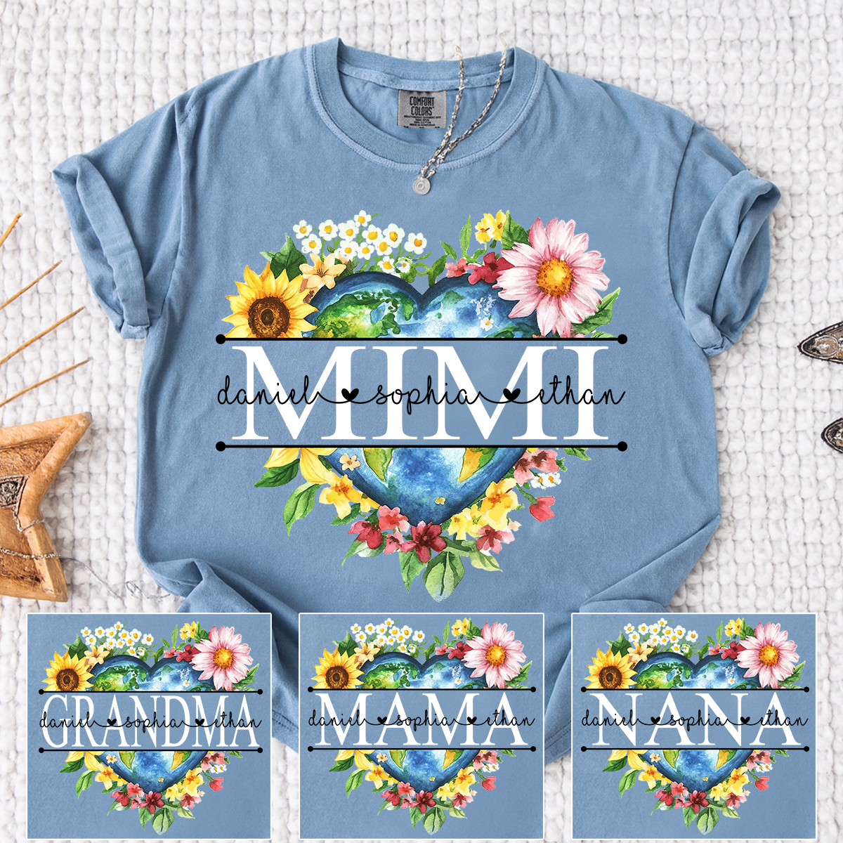 Comfort Colors Custom Mimi Heart Shaped Earth Shirt, Floral Heart Graphic with Grandkids Names, Family Love Tee