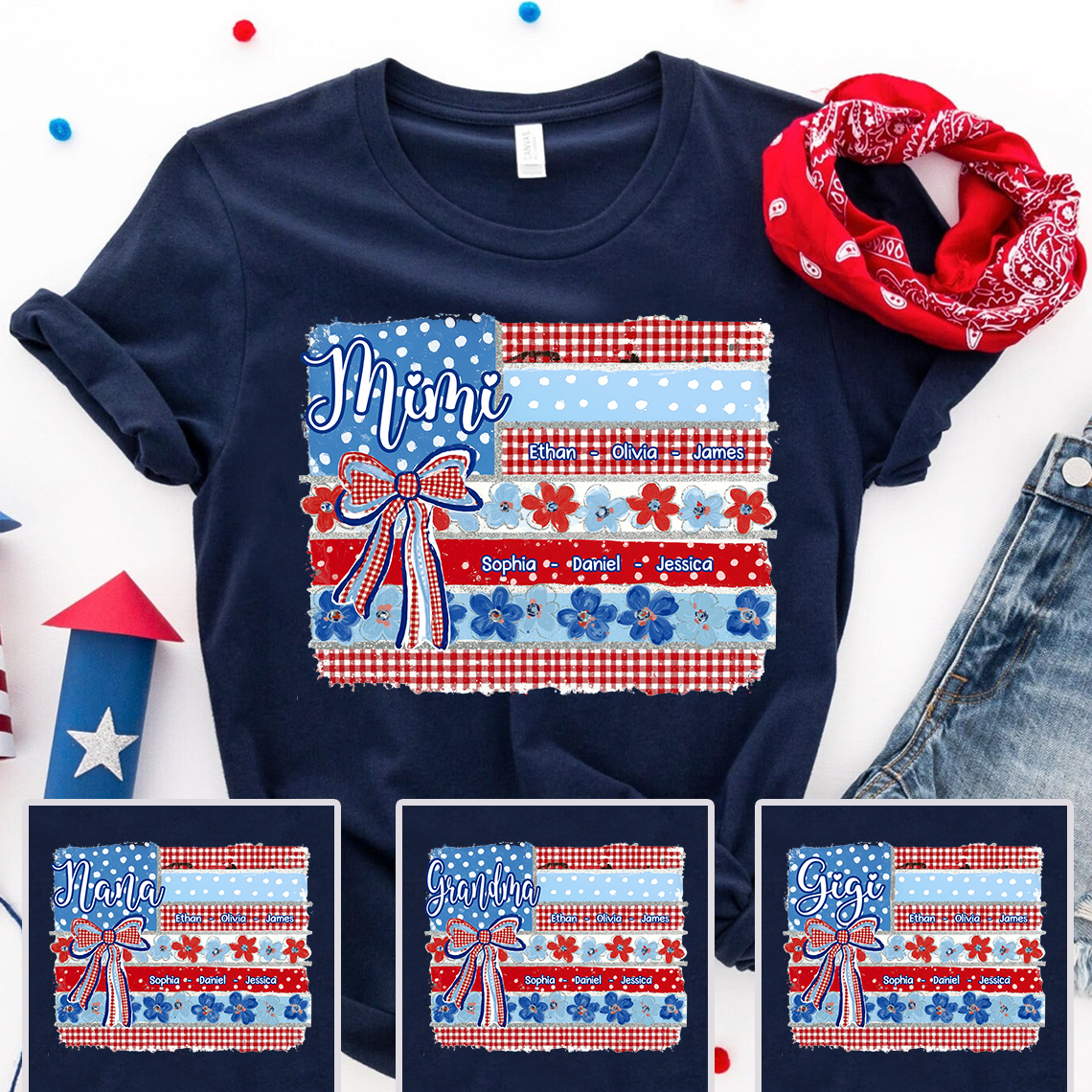 Patriotic Mimi Shirt with Grandkids Names Custom Family Shirt Featuring American Flag and Floral Bow Design