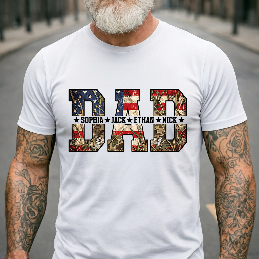 Personalized Dad T-Shirt – Custom KidNames Patriotic USA Gift for Daddy Papa