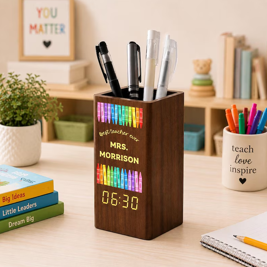 Personalized Teacher Pen Holder With Clock, Custom Desk Organizer Gift, Best Teacher Ever Appreciation Gift, Classroom Decor