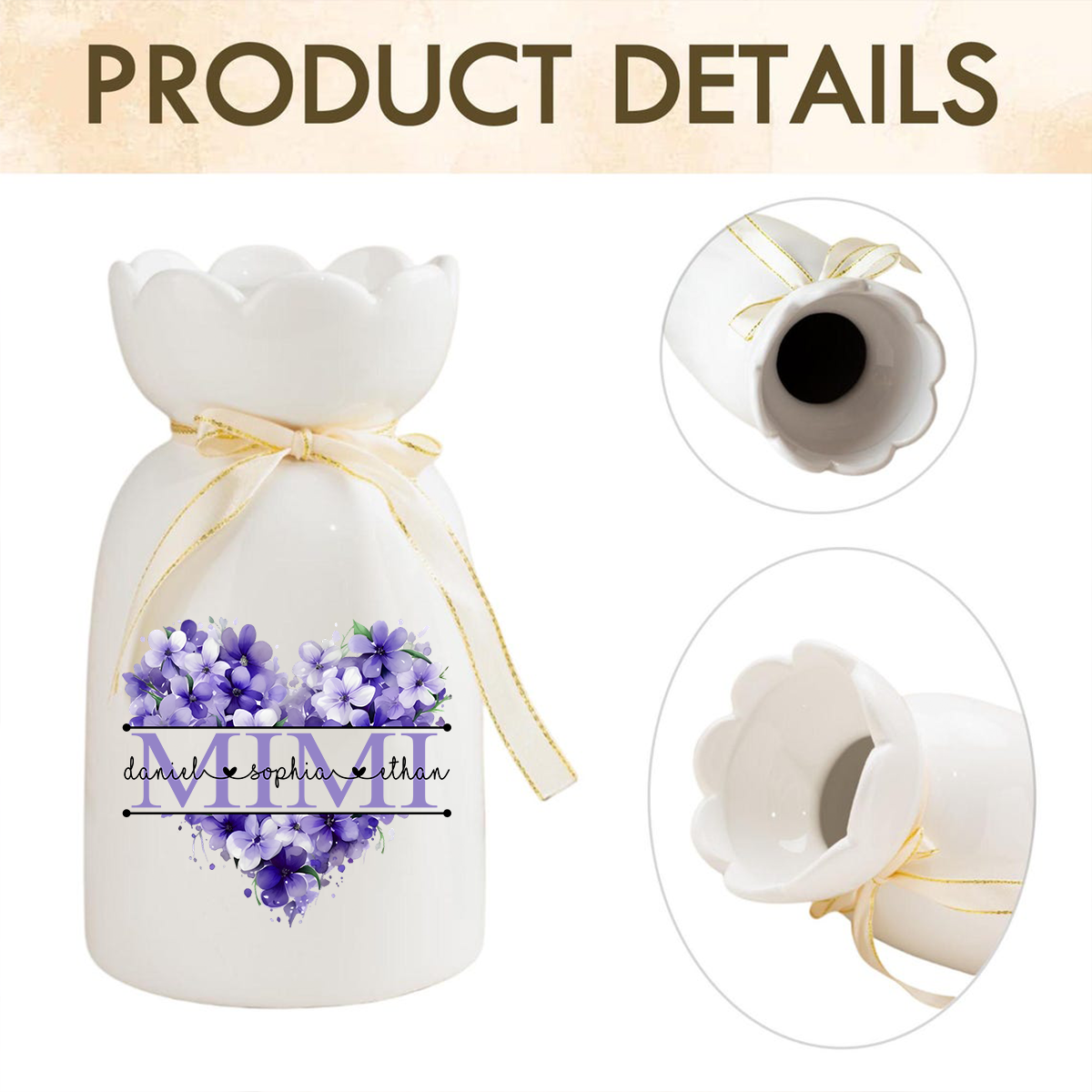 Mimi Personalized Flower Vase, Floral Heart Design with Grandkids' Names, Custom Mother's Day Gift for Mimi, Great for Birthdays
