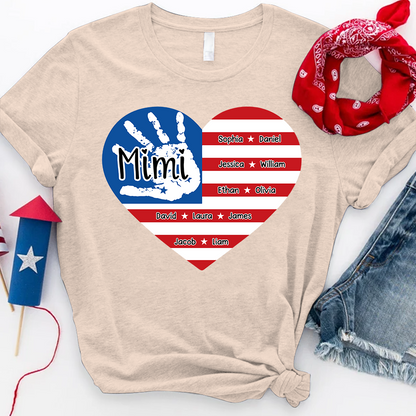 Mimi Custom T Shirt with Family Names, American Flag Heart and Handprint Design, Ideal Gift for Mimi