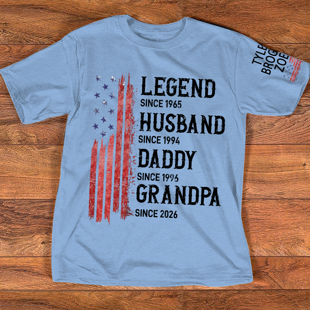 Personalized American Flag Printed T-Shirt For Husband, Father, Grandfather, With Custom Names Of Grandchildren