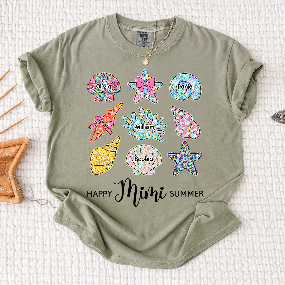 Comfort Colors Personalized Mimi Summer Beach Shirt with Grandkids Names, Custom Grandma Seashell Starfish T Shirt for Women