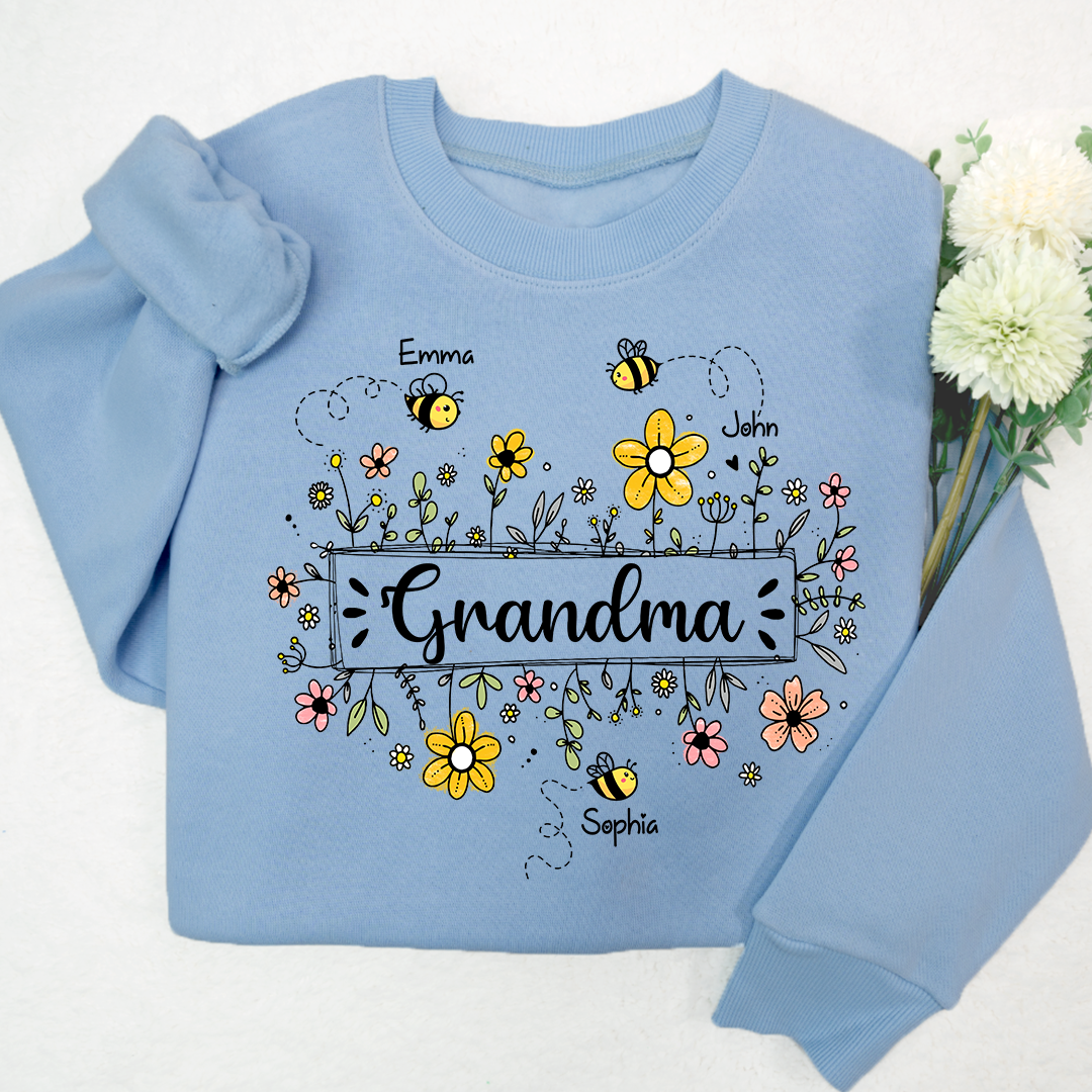 Personalized Grandma Bee Flower And Grandkids Sweatshirt
