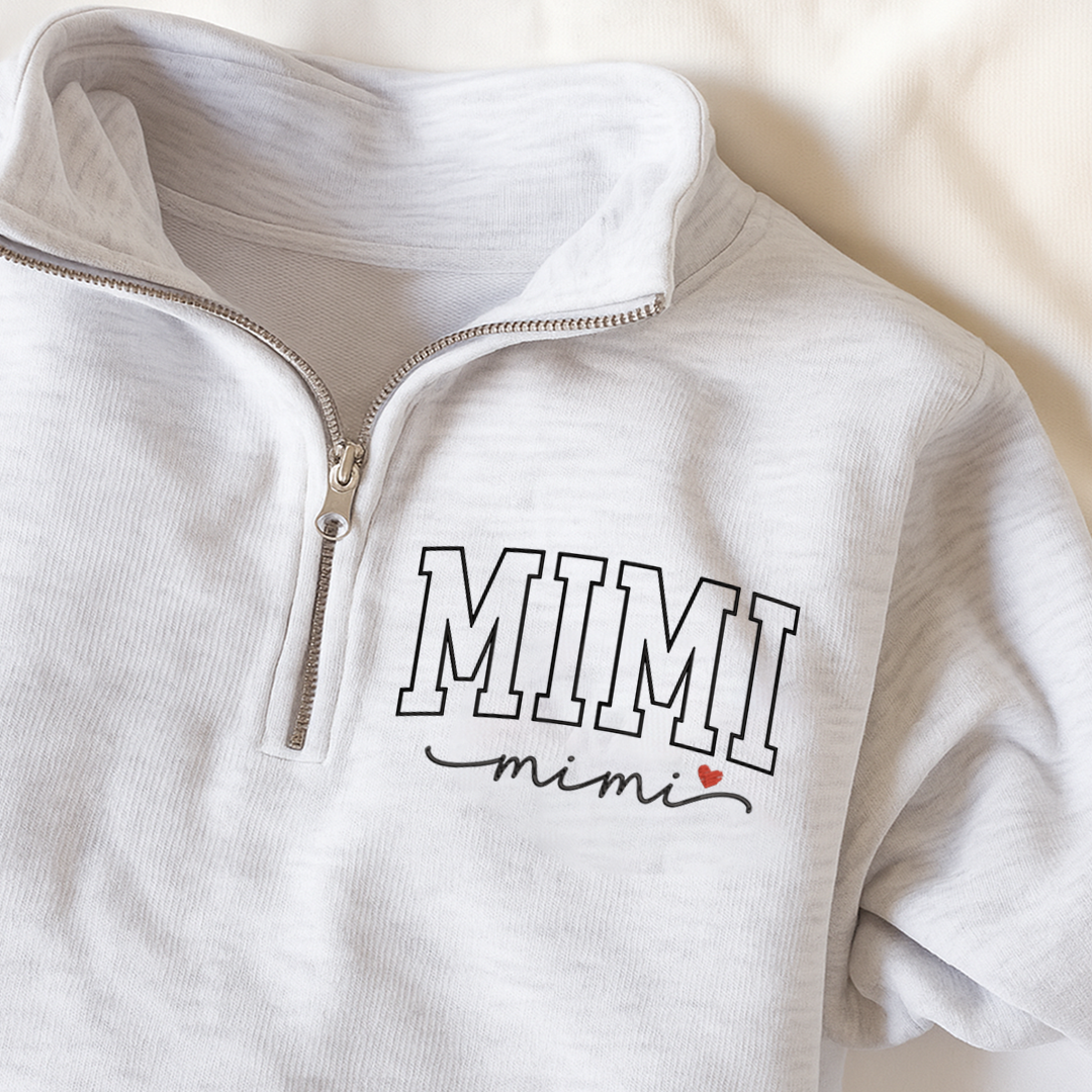 Personalized Mimi Sweatshirt, Mimi Heart And Grandkids Embroidered Quarter Zip Sweater