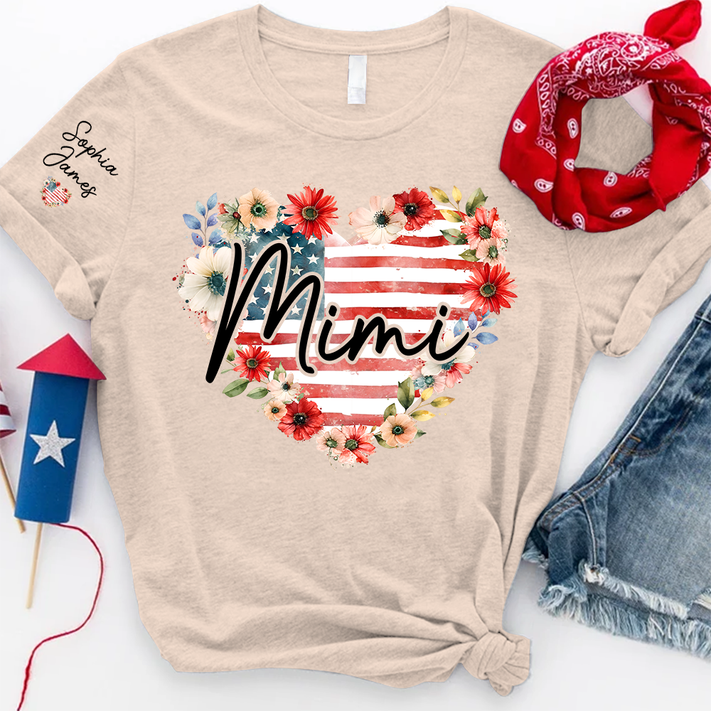 Floral Heart Mimi Shirt – Personalized Family Names with American Flag Design, Great Gift for Mimi