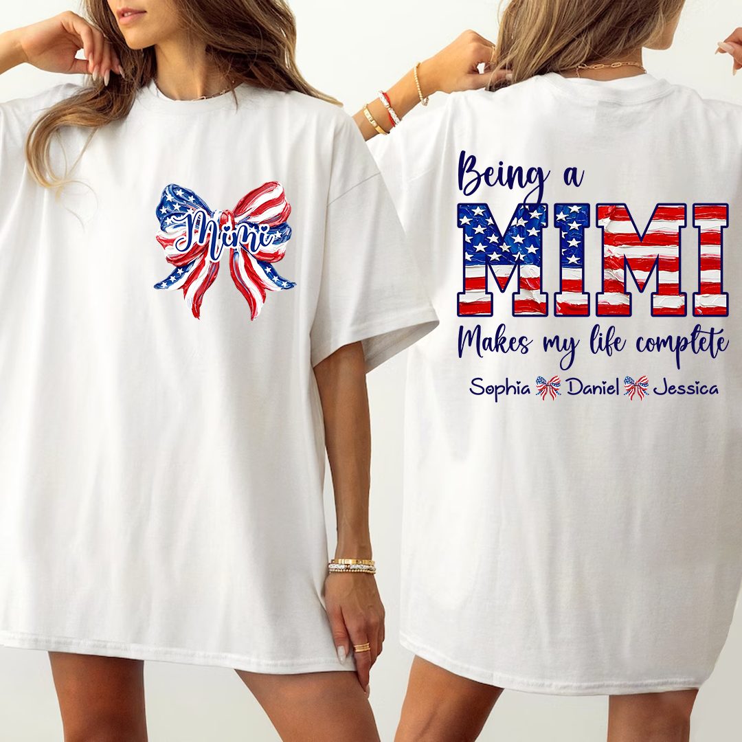 Personalized Mimi Patriotic Shirt, Being a Mimi Tee with Kids Names, American Flag Bow Graphic Gift
