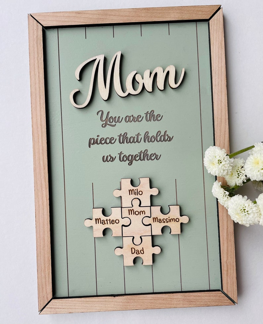 Mom Puzzle Sign Mother's Day Gift from Kids Husband Custom Engraved Wood Sign Piece That Holds Us Together Grandma Gift