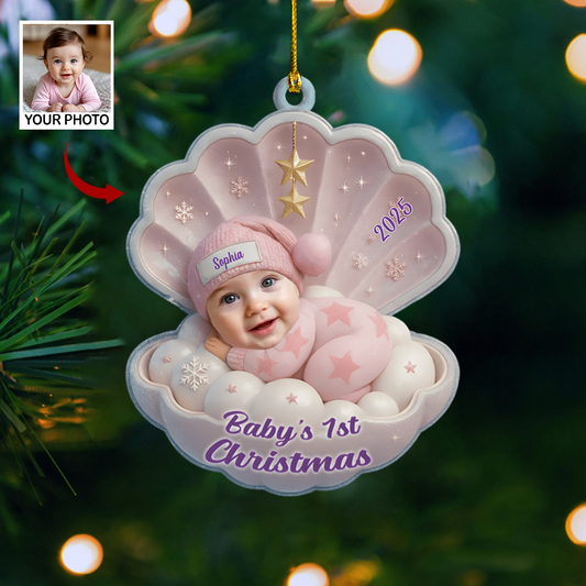 Custom Baby Ornament 2025 – Baby’s First Christmas Shell Ornament, Personalized Name Gift for New Parents Ornament