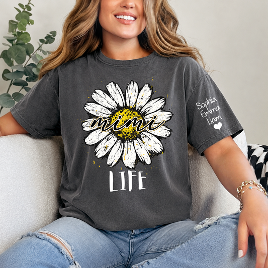 Personalized Mimi Life Daisy Shirt, Custom Grandma T-Shirt with Kids Names on Sleeve, Floral Family Name Tee Gift for Grandma, Nana Shirt