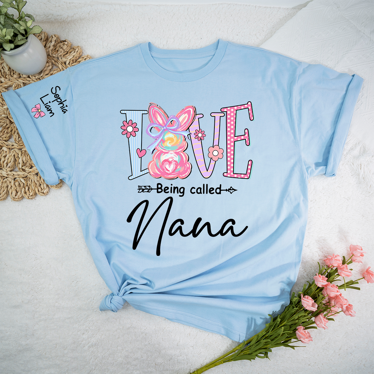Love Being Called Nana Shirt Personalized, Custom Bunny Grandma Tee with Grandchild Name