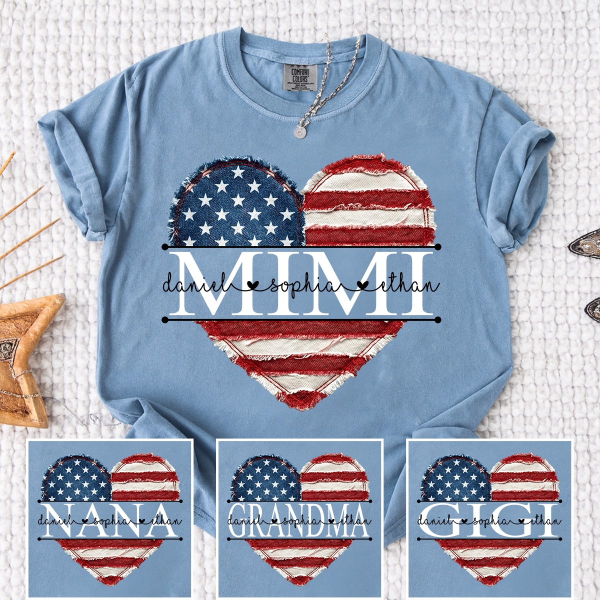 Comfort Colors Mimi Shirt with USA Flag Heart, Personalized with Kids Names, Custom Grandmother T Shirt, Ideal for Mother's Day, Patriotic Gift