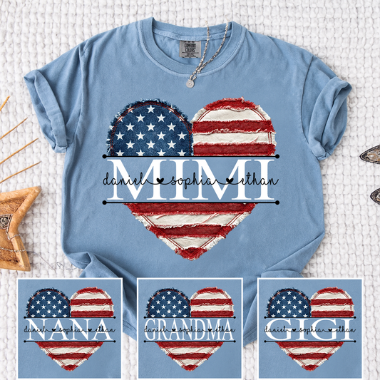 Comfort Colors Mimi Shirt with USA Flag Heart, Personalized with Kids Names, Custom Grandmother T Shirt, Ideal for Mother's Day, Patriotic Gift