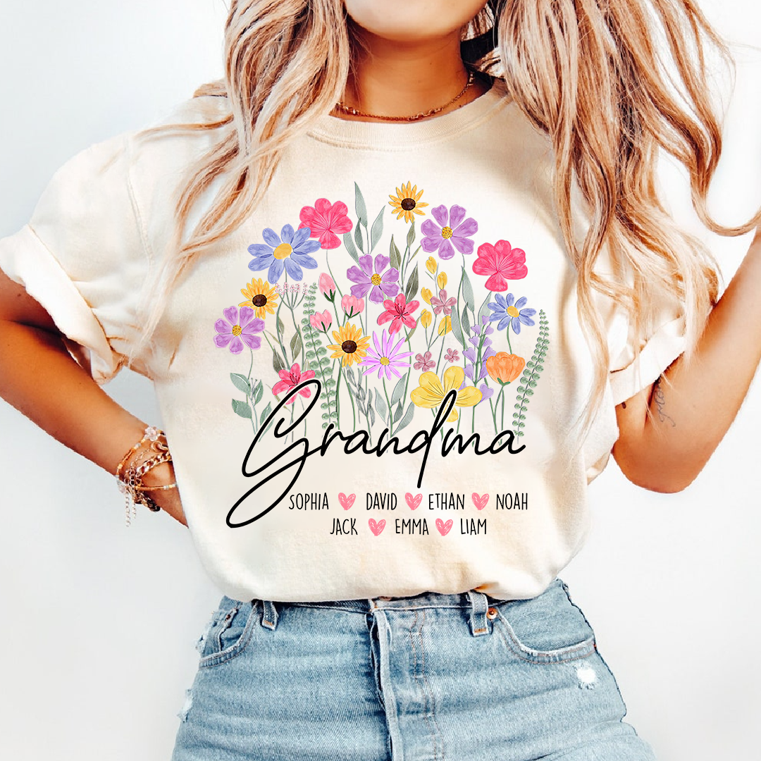 Personalized Grandma Floral Shirt, Custom Family Names T-Shirt with Wildflower Design