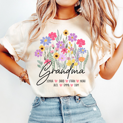 Personalized Grandma Floral Shirt, Custom Family Names T-Shirt with Wildflower Design
