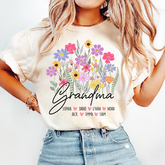 Personalized Grandma Floral Shirt, Custom Family Names T-Shirt with Wildflower Design