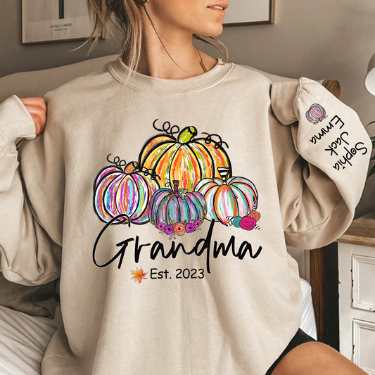Personalized Grandma Est Painted Color Pumpkin And Grandkids Autumn Sweatshirt