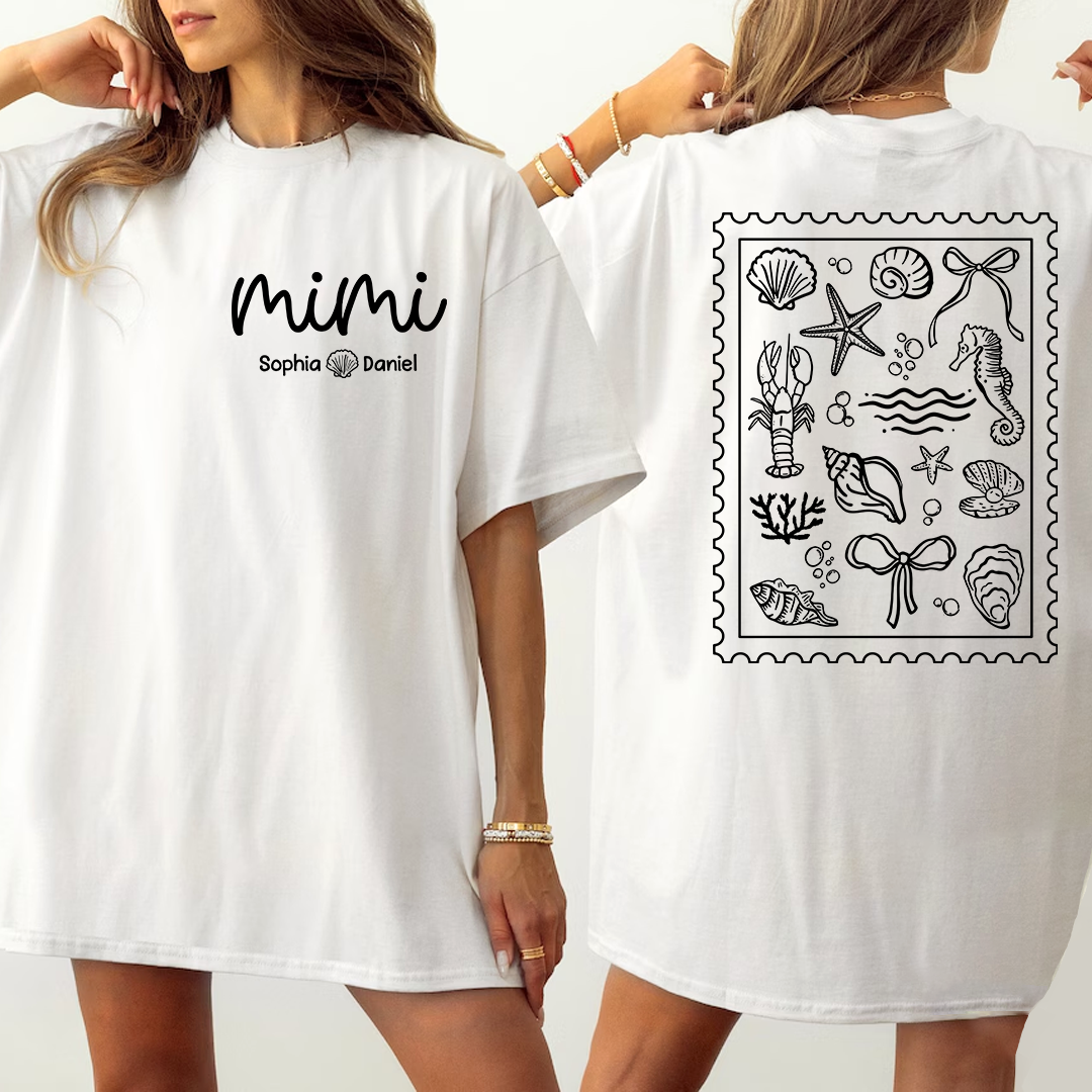 Custom Mimi Shirt with Grandchildren Names, Coastal Seashell Stamp Design Back Print Tee, Beach Lover Gift for Women
