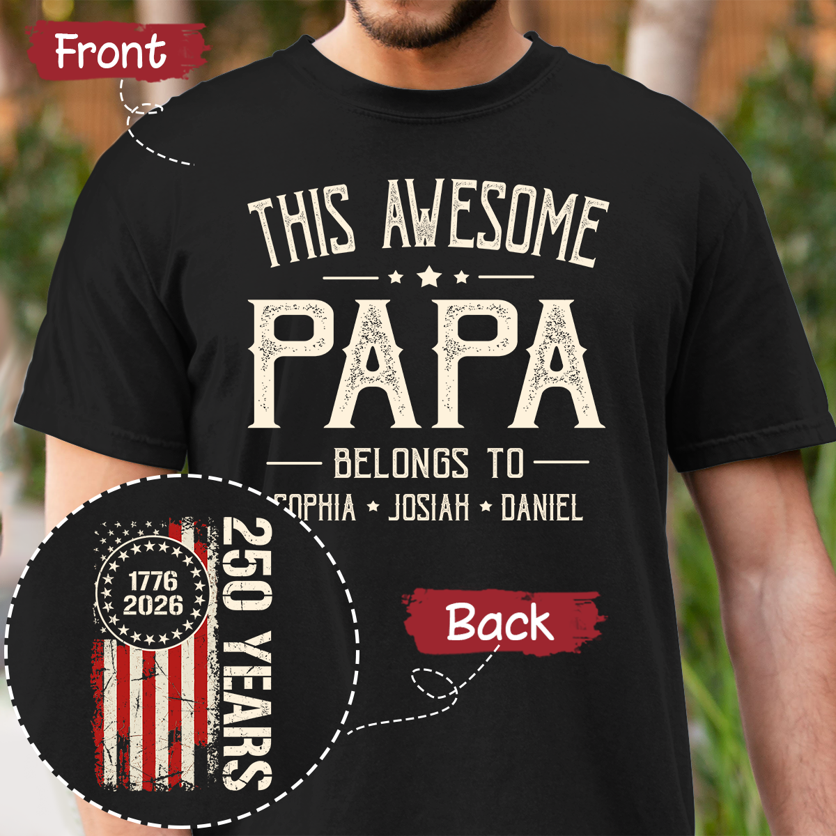 This Awesome Papa Shirt, Personalized Papa Tee with Kids Names, Patriotic 250 Years 1776-2026 Gift for Dad, Family Shirt