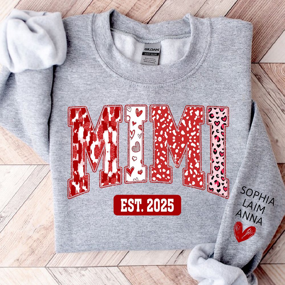 Custom Mimi Sweatshirt, Valentine Heart Pattern Pullover with Names