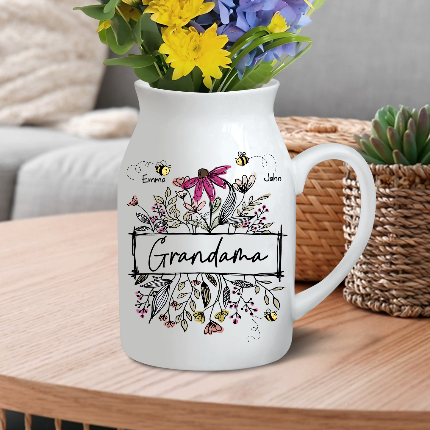 Wildflower Grandma And Bee Kids - Custom Home Decoration Flower Vase According To Family Requirements - Warm Gift For Mother's Day, Ceramic Flower Vase