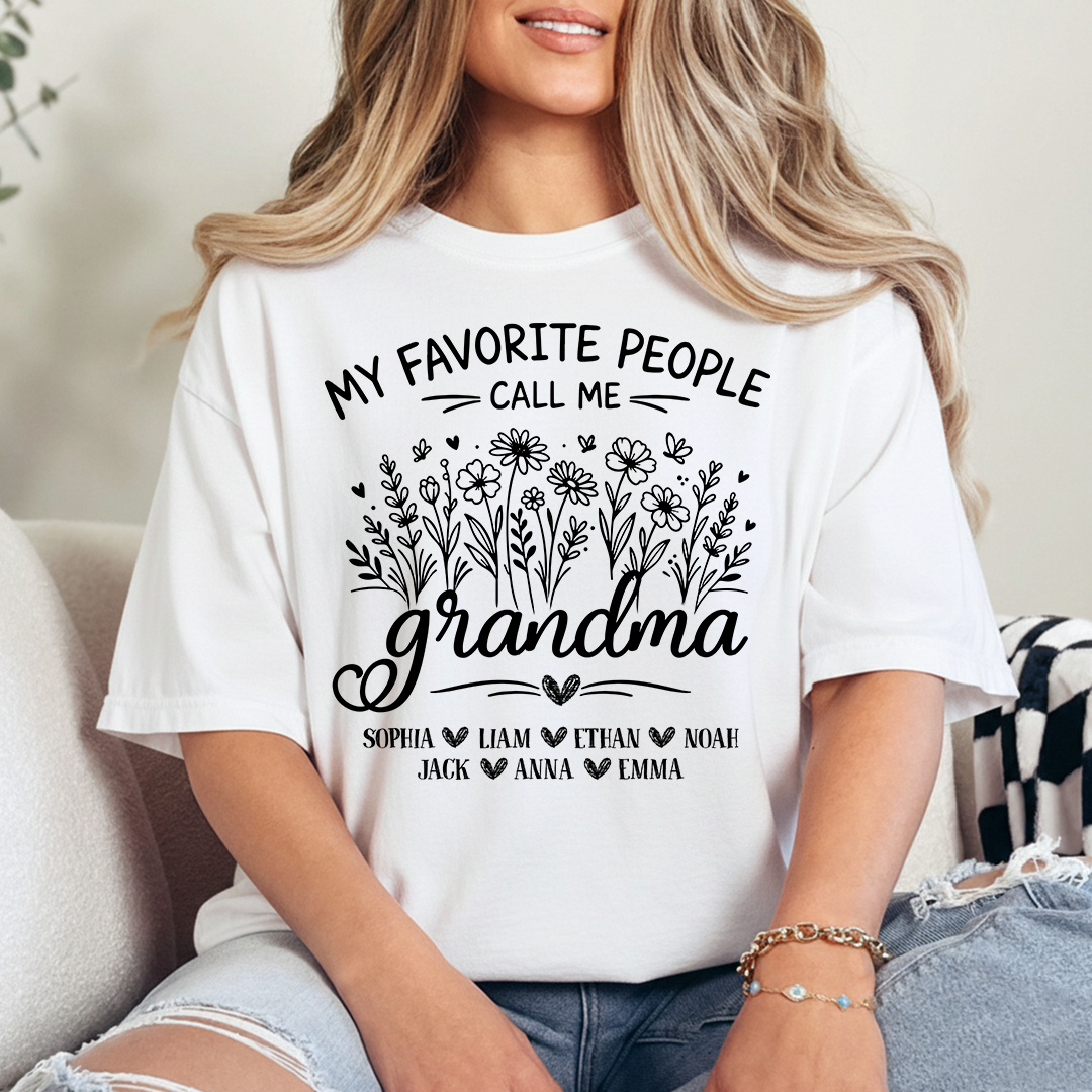 Personalized Grandma T-Shirt, My Favorite People Call Me Grandma Floral Design with Names