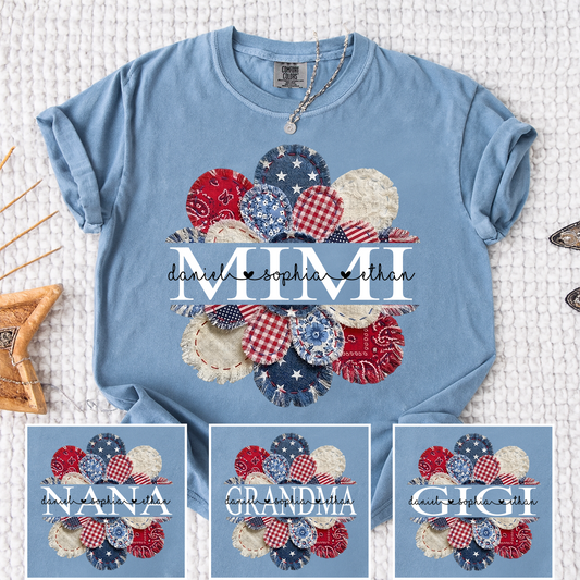 Comfort Colors Mimi Shirt, Patchwork Floral Design with Grandkids' Names, Custom T Shirt for Mimi, Ideal for Mother's Day and Patriotic Occasions