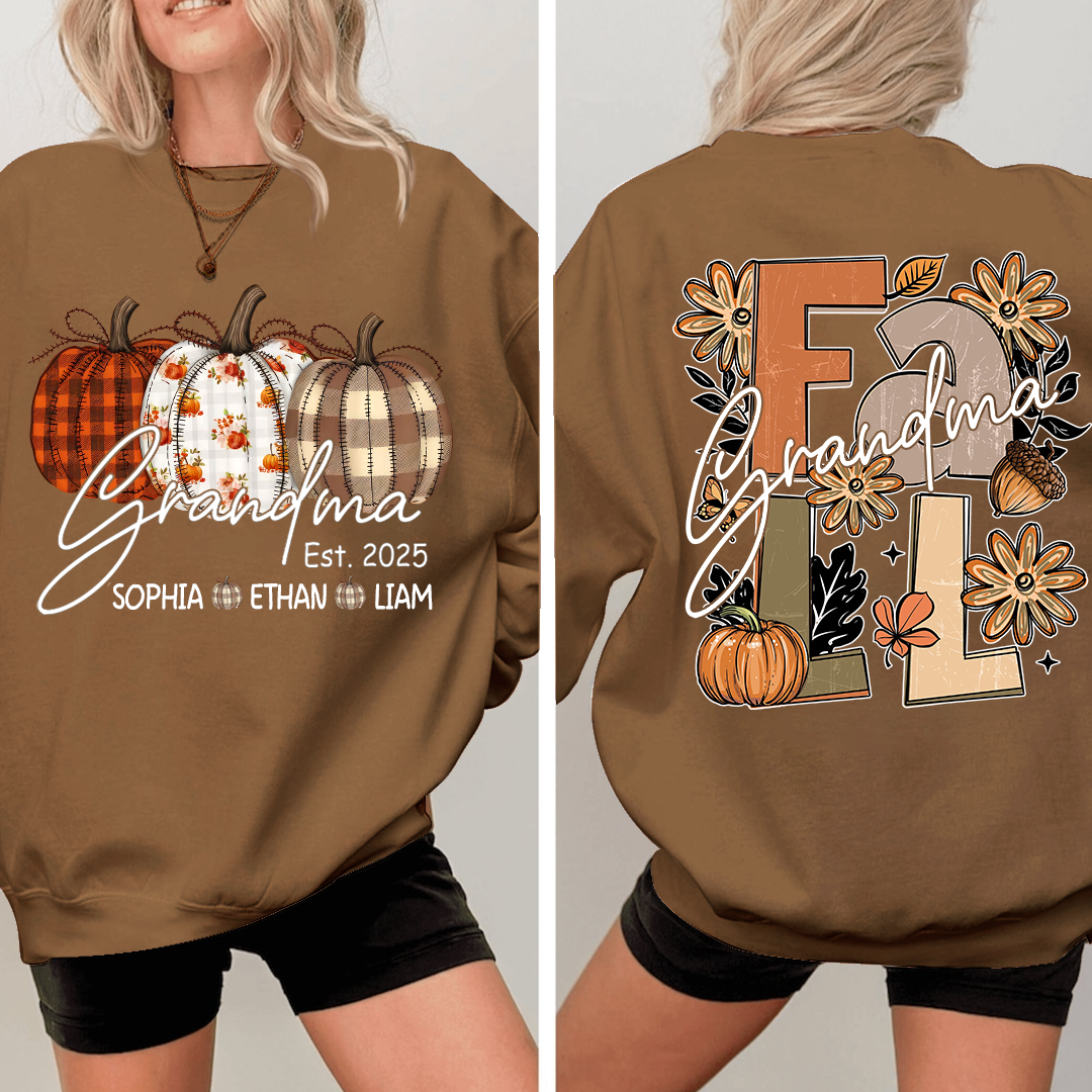 Grandma Autumn Sweatshirt, Pumpkin Floral Shirt with Custom Grandkids Names