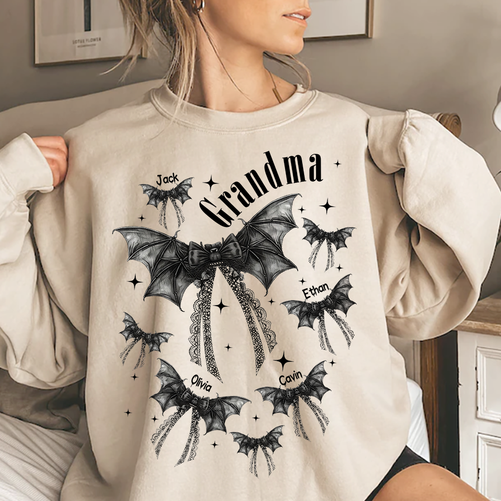 Grandma Halloween Sweatshirt, Personalized Family Spooky Bow for Grandma And Kids