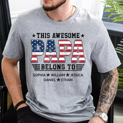 Custom Papa Shirt with Kids Names This Awesome Papa Belongs To Patriotic Grandpa Fathers Day Gift
