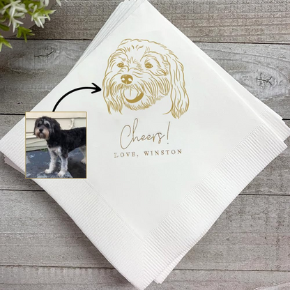 Luxury Dog Illustrated Wedding Napkins, Personalized Wedding Napkins, Cocktail Bar Napkin For Reception, Bridal Shower Engagement Party, Beverage Luncheon Cocktail Paper