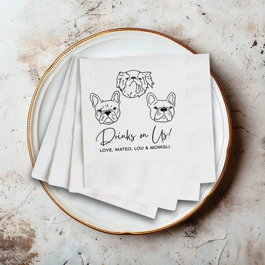 Personalized Illustrated Dog Cat Napkins, Engagement Party Napkins, Glass Cocktail Napkin, Custom Bar Napkins, custom Photo Dog Napkins 2024