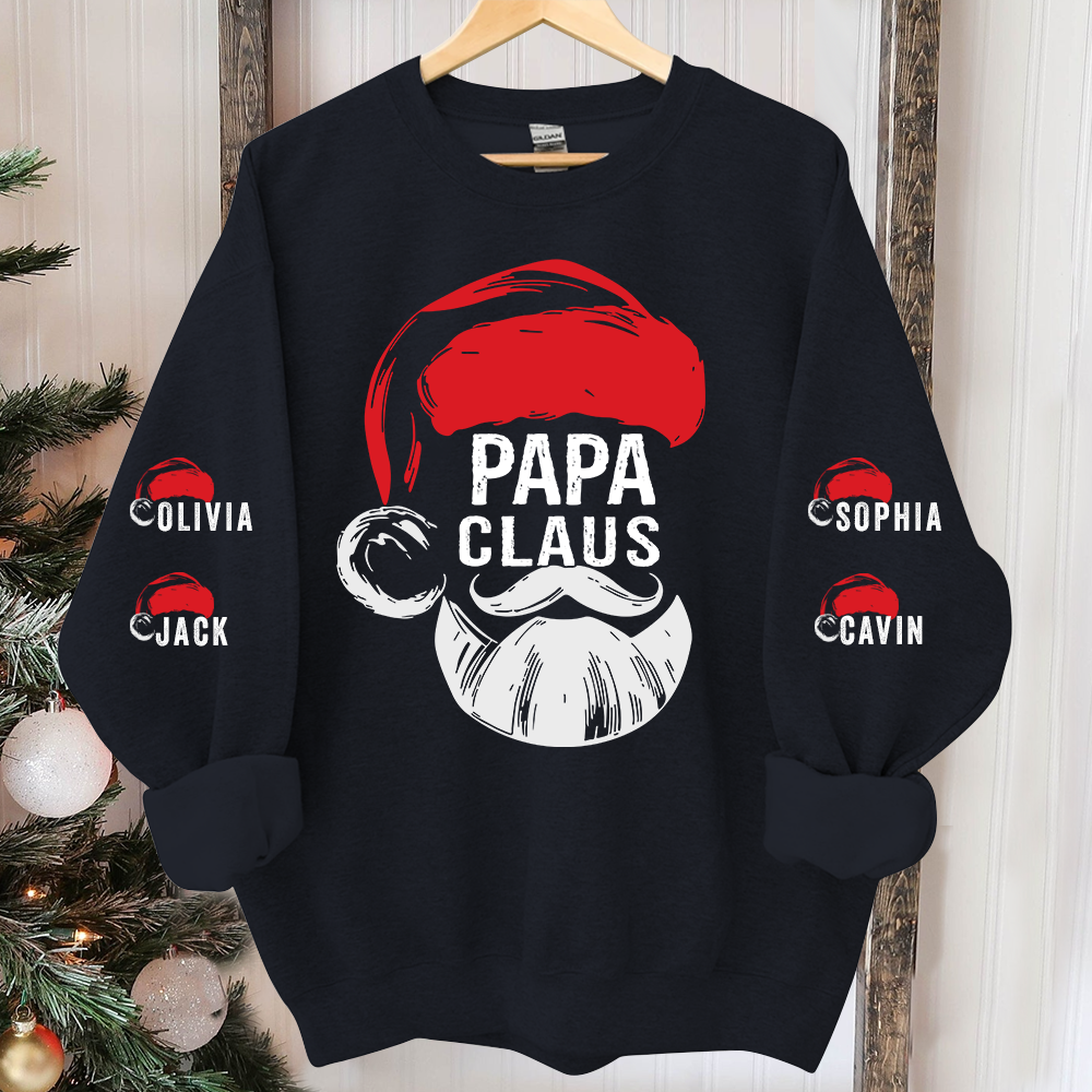 Personalized Papa Claus Sweatshirt, Custom Grandpa With Grandkids Name On The Sleeve Sweatshirt