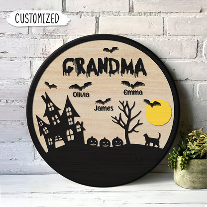 Personalized Grandma Halloween Door Sign, Halloween Decoration, Round Wood Sign TH