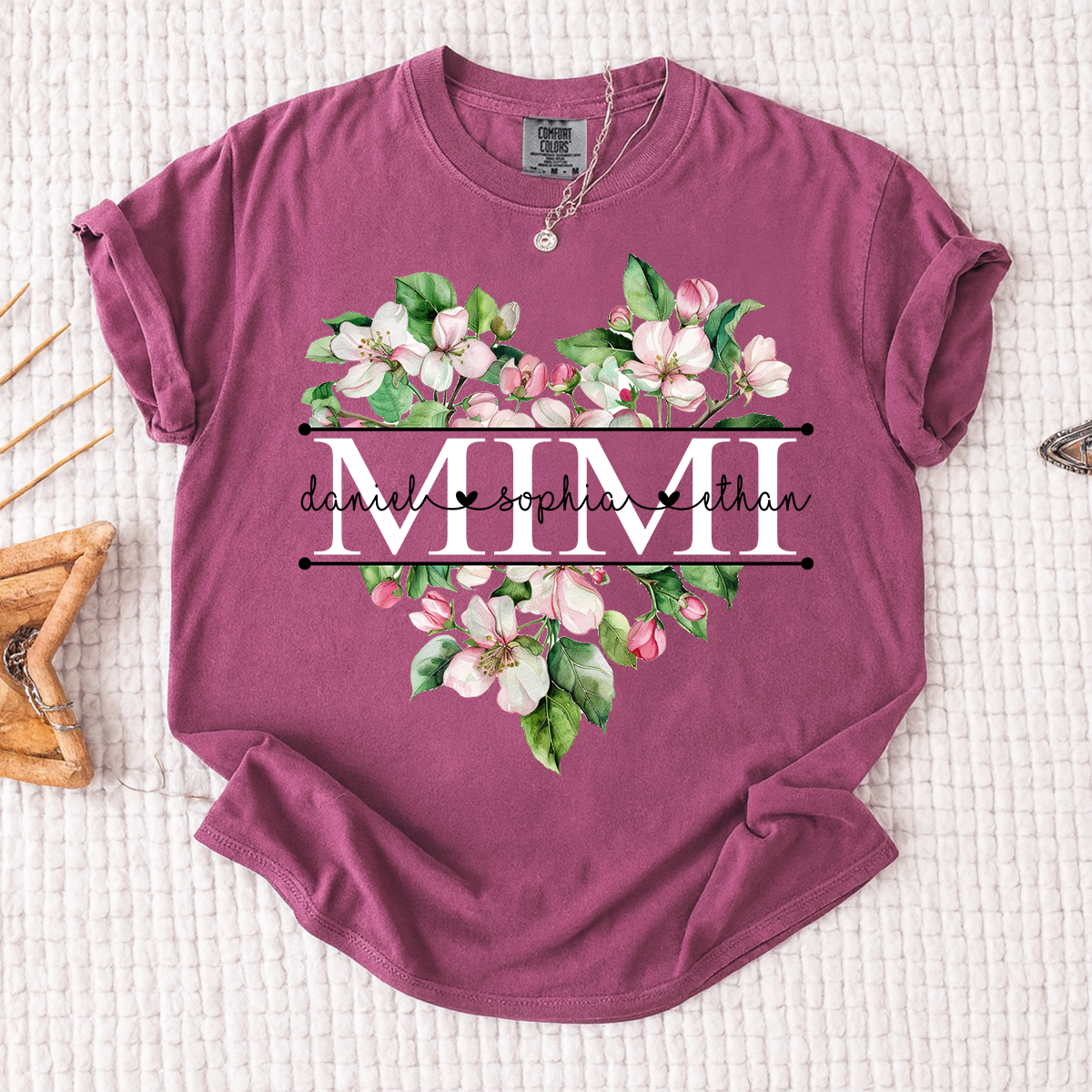Comfort Personalized Mimi Flower Heart Shirt, Custom Names Family Gift T Shirt