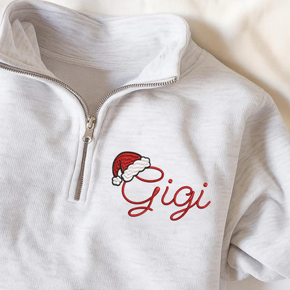 Gigi hat santa Merry Christmas Sweatshirt, Grandma And Grandkids Embroidered Quarter Zip Sweater