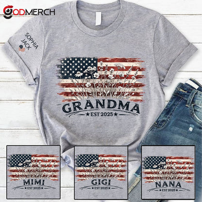 Personalized Grandma Est 2025 Shirt, Custom Nana Mimi Gigi Grandma Tee With Kids Names On Sleeve, Patriotic Floral American Flag Shirt Family Grandkids Gift U.S. 250th Anniversary Apparel