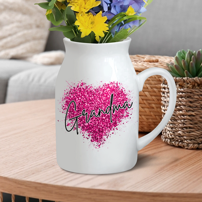 Heart Glitter Grandma And Kids - Custom Home Decoration Flower Vase According To Family Requirements - Warm Gift For Mother's Day, Ceramic Flower Vase